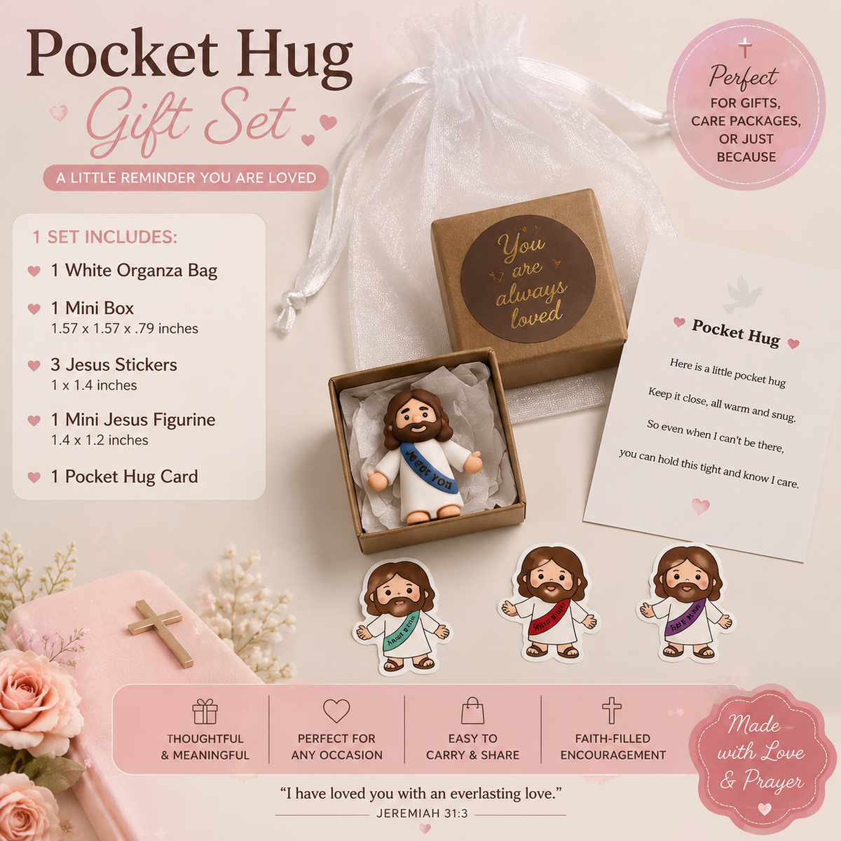 Mini Jesus Figurine Gift Set, Pocket Hug Encouragement, Christian Care Package (Organza Bag)