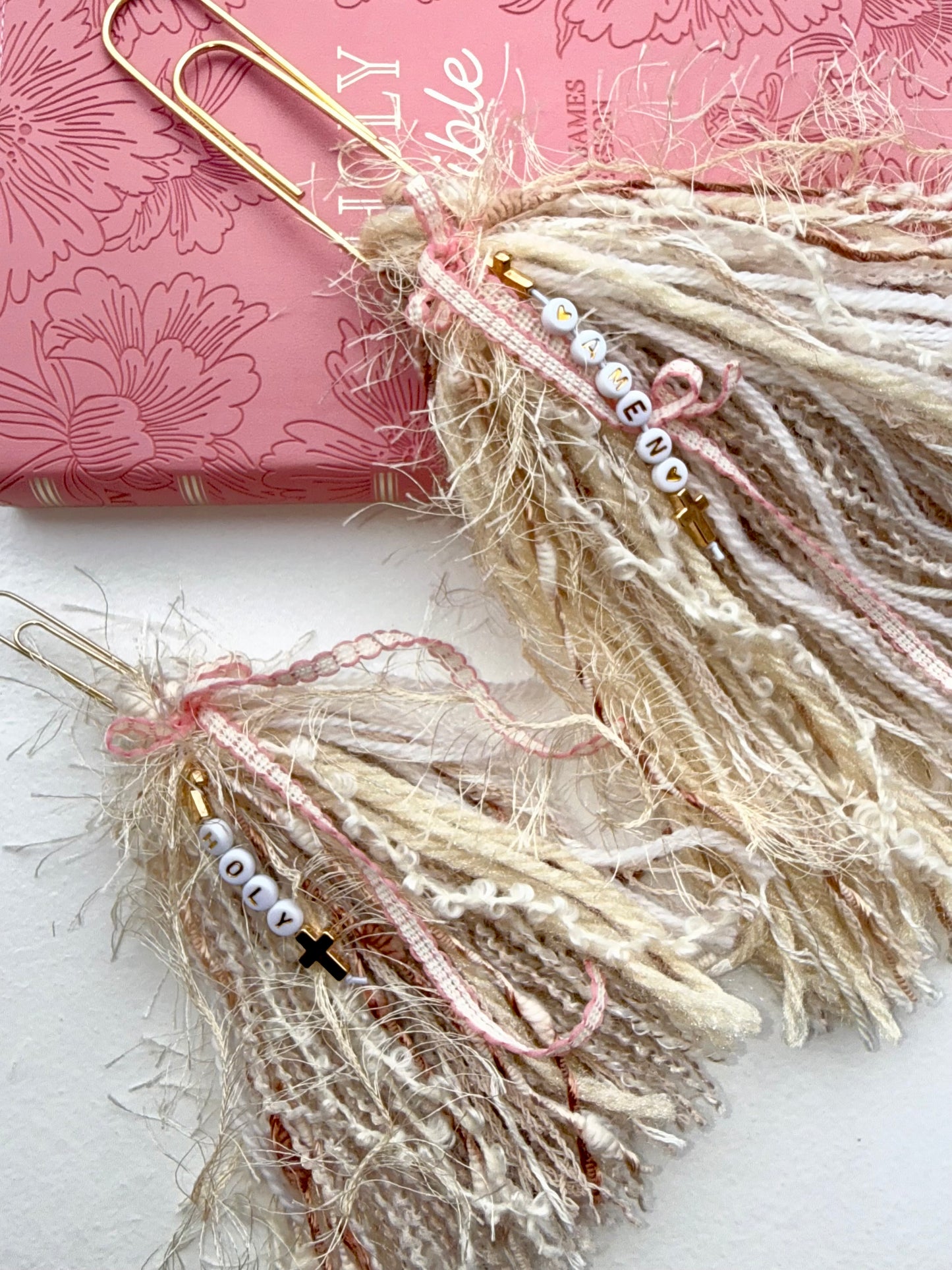 Bible Tassels "Amen” & "Holy" Bookmark Set | Handmade Faith Gold Beads | Soft Boho Christian Gift