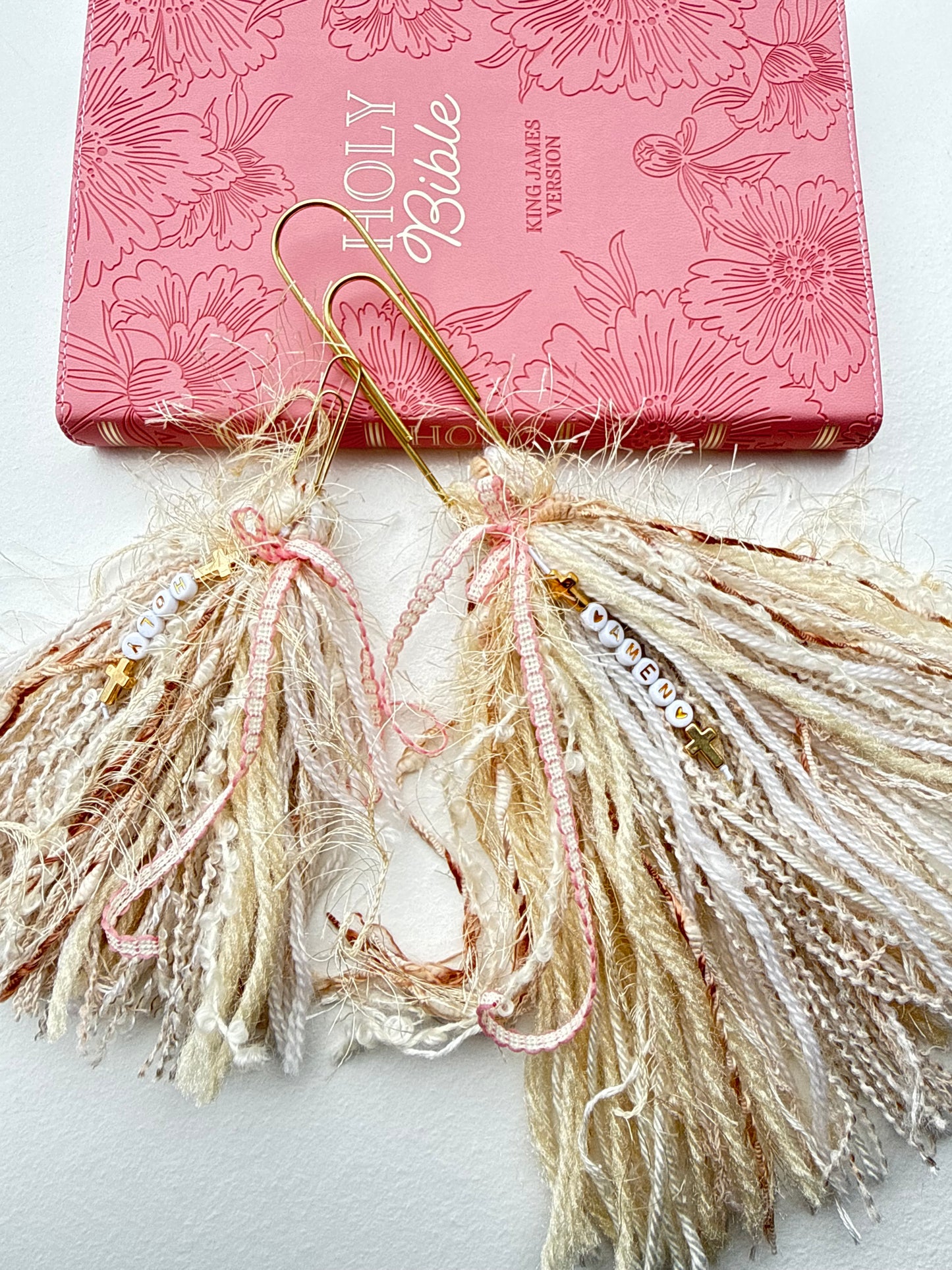 Bible Tassels "Amen” & "Holy" Bookmark Set | Handmade Faith Gold Beads | Soft Boho Christian Gift