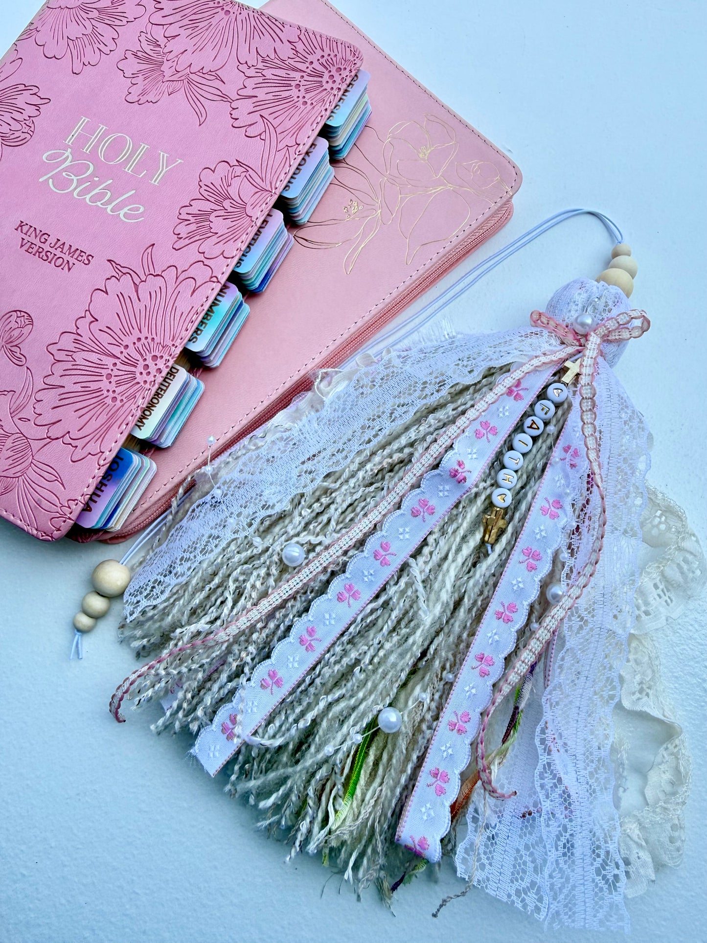 Pink KJV Tabbed Bible Bundle | Faith Journal, Handmade Tassel, Bible Study Kit