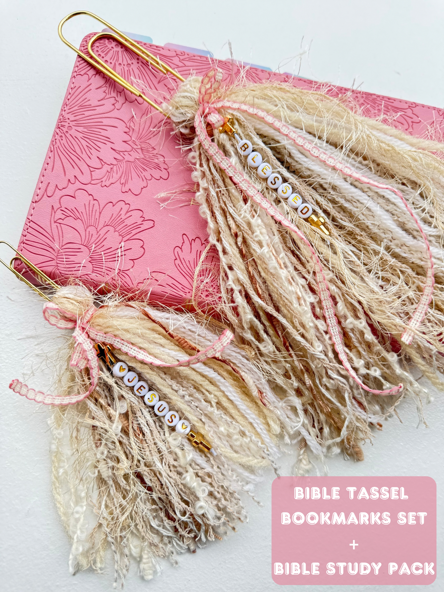 Bible Tassels "Blessed" & "Jesus" Bookmark Set | Handmade Faith Gold Beads | Soft Boho Christian Gift