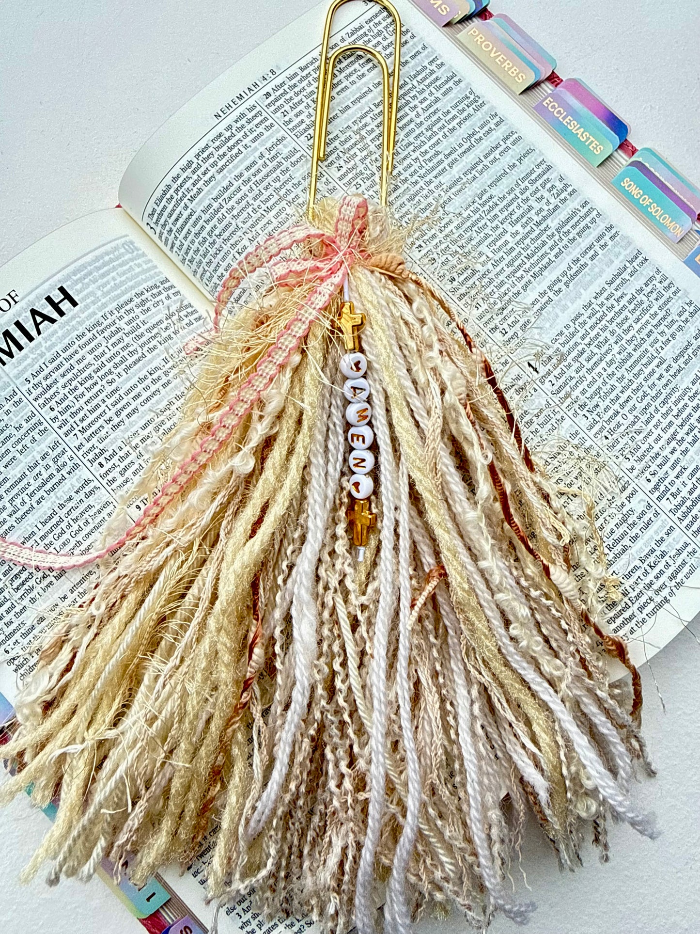Bible Tassels "Amen” & "Holy" Bookmark Set | Handmade Faith Gold Beads | Soft Boho Christian Gift