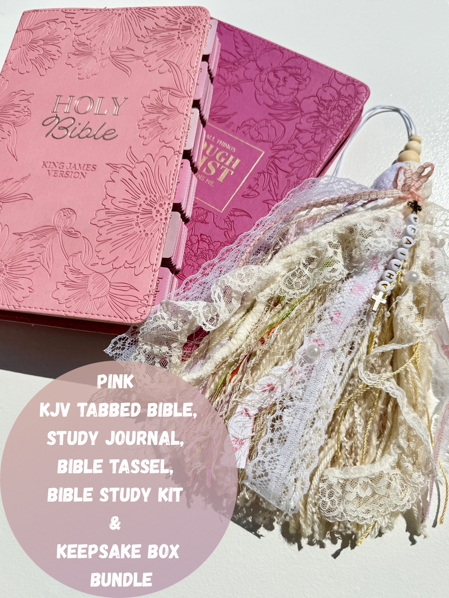 Pink KJV Tabbed Bible   Faith Journal, Bible Study Kit and Handmade Tassel Bundle