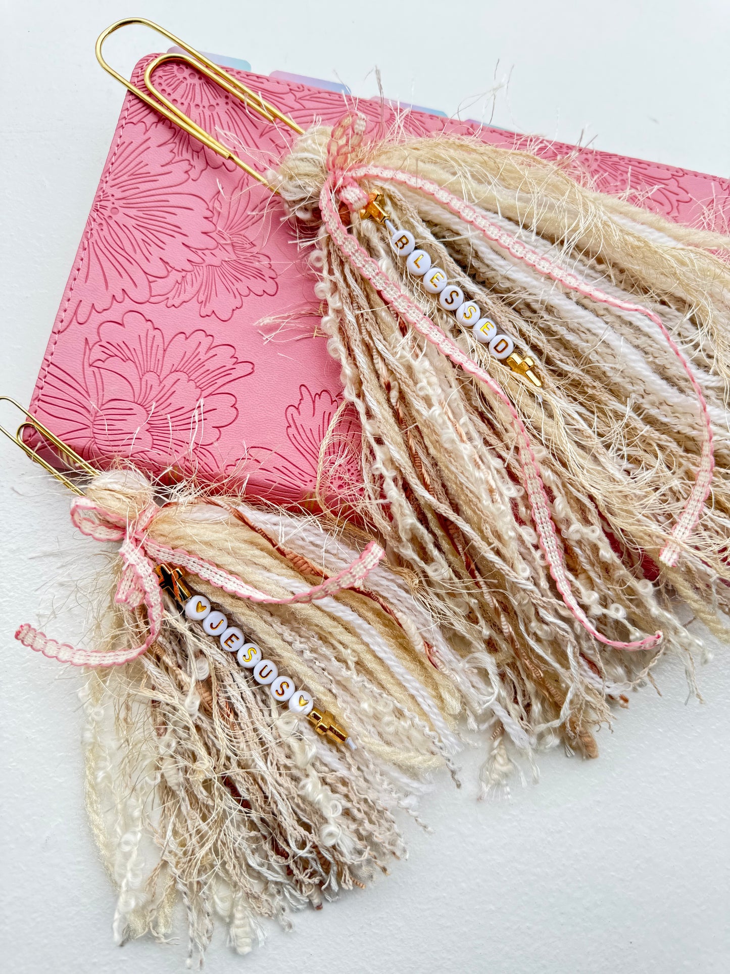 Bible Tassels "Blessed" & "Jesus" Bookmark Set | Handmade Faith Gold Beads | Soft Boho Christian Gift