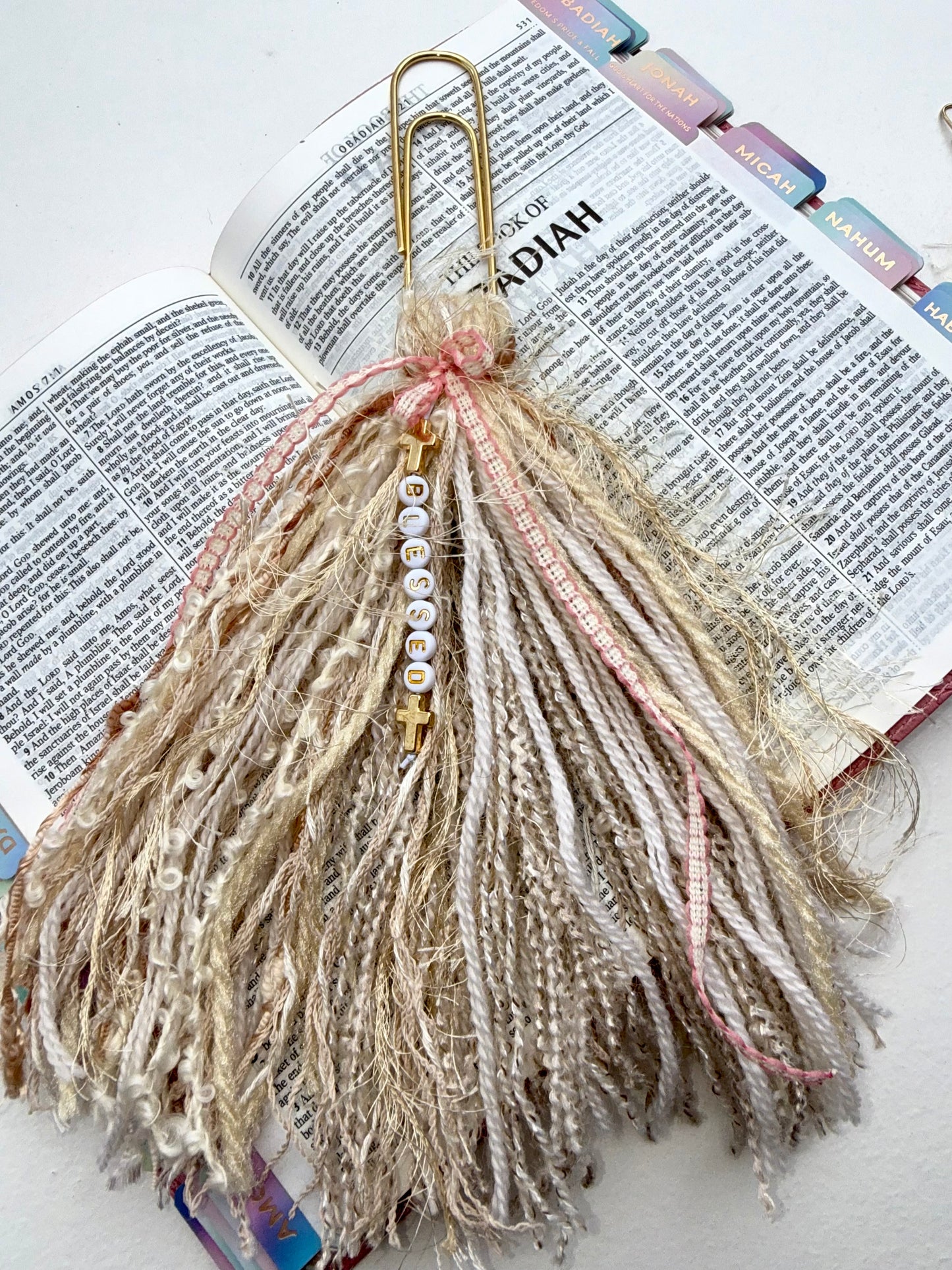 Bible Tassels "Blessed" & "Jesus" Bookmark Set | Handmade Faith Gold Beads | Soft Boho Christian Gift