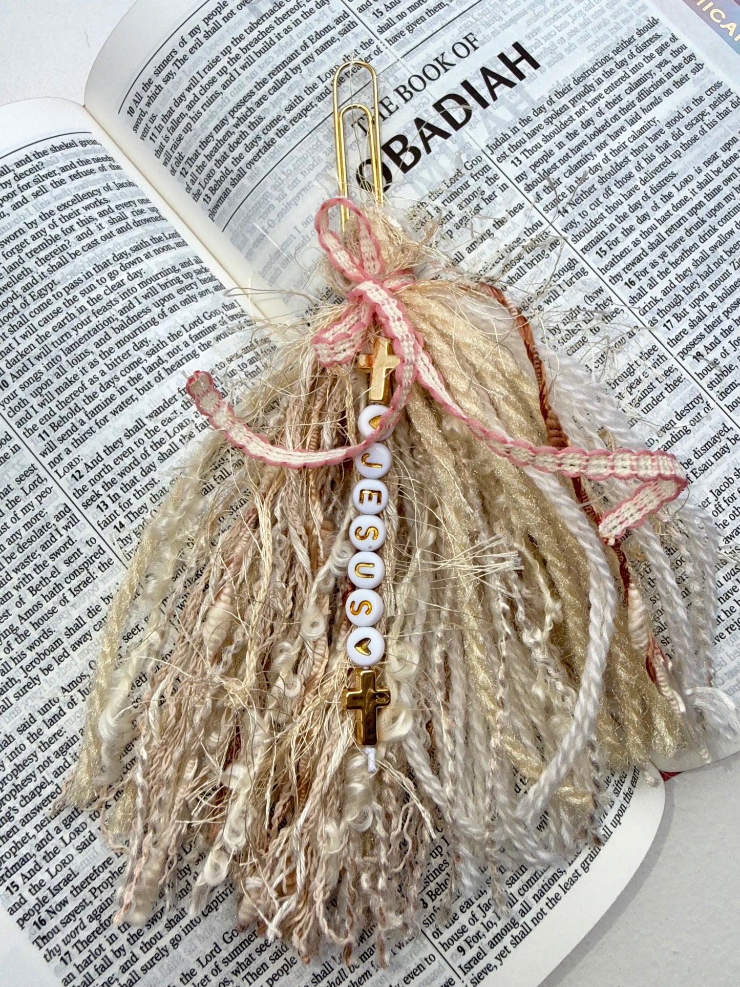 Bible Tassels "Blessed" & "Jesus" Bookmark Set | Handmade Faith Gold Beads | Soft Boho Christian Gift