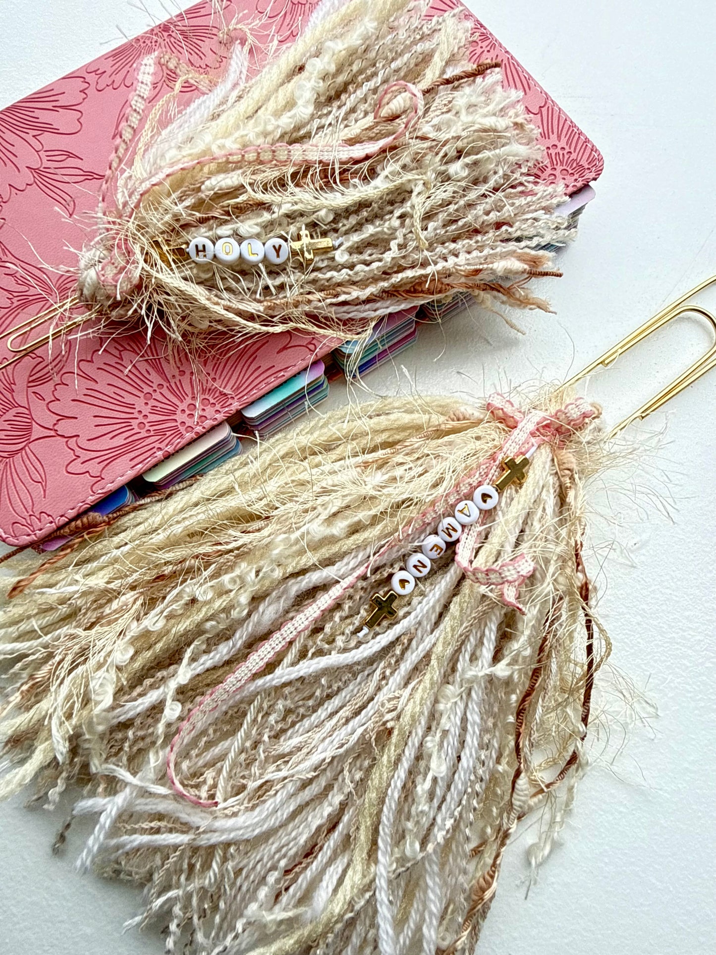 Bible Tassels "Amen” & "Holy" Bookmark Set | Handmade Faith Gold Beads | Soft Boho Christian Gift