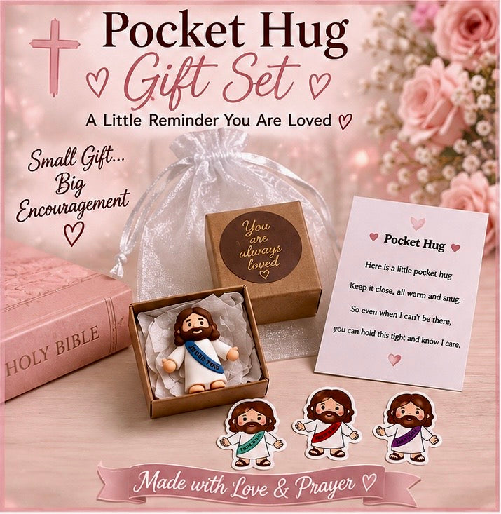 Mini Jesus Figurine Gift Set, Pocket Hug Encouragement, Christian Care Package (Organza Bag)