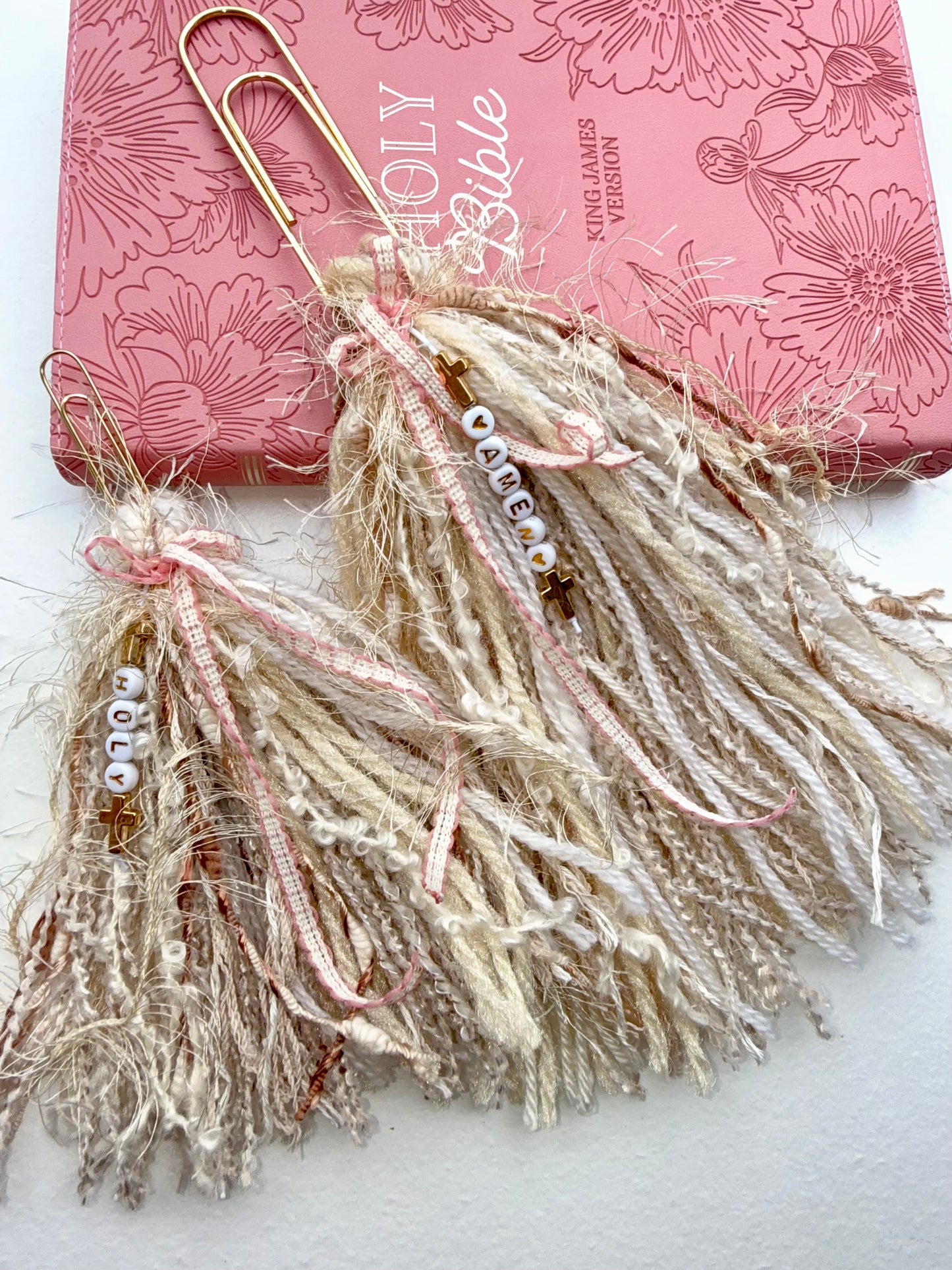 Bible Tassels "Amen” & "Holy" Bookmark Set | Handmade Faith Gold Beads | Soft Boho Christian Gift