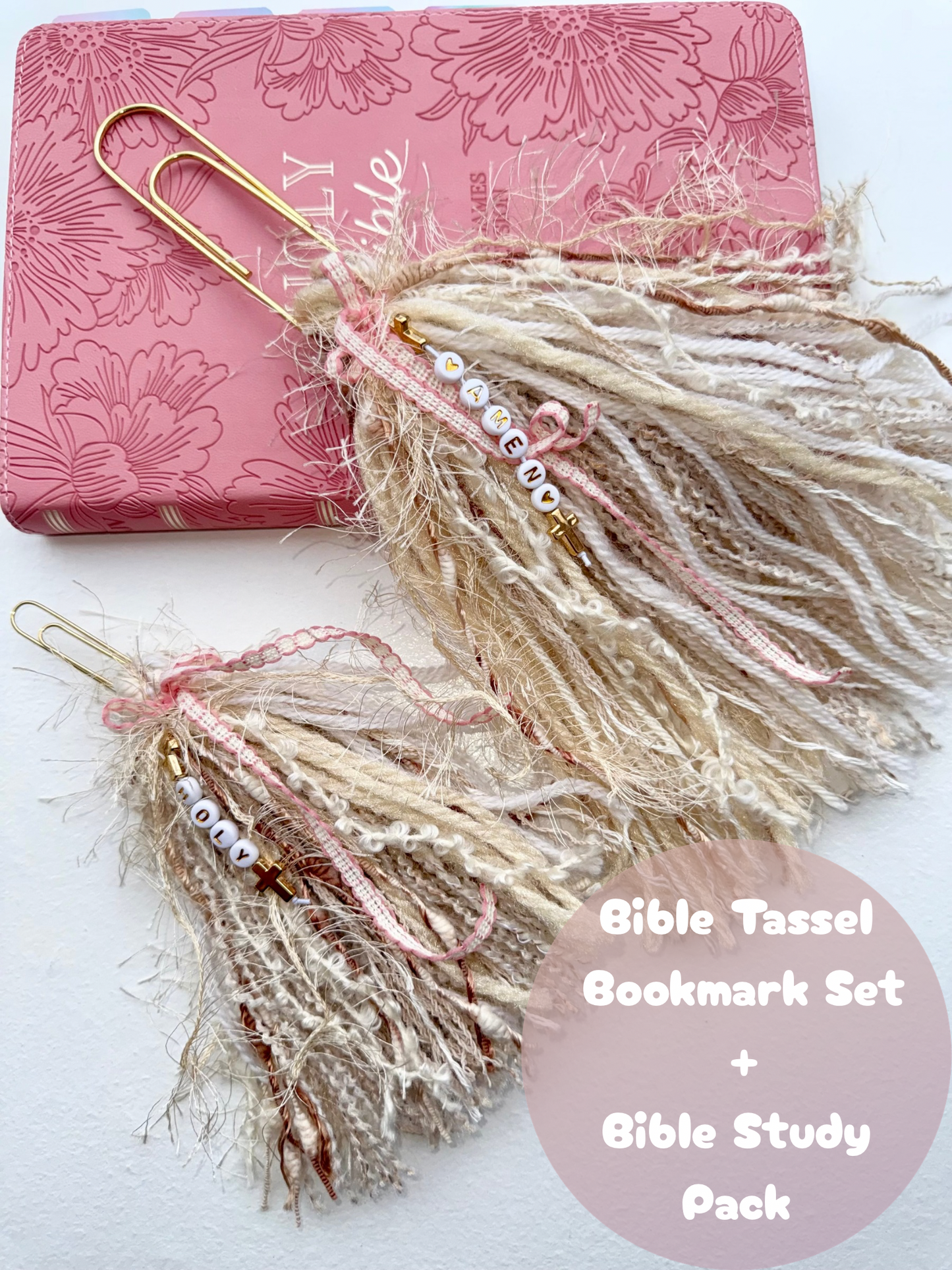 Bible Tassels "Amen” & "Holy" Bookmark Set | Handmade Faith Gold Beads | Soft Boho Christian Gift
