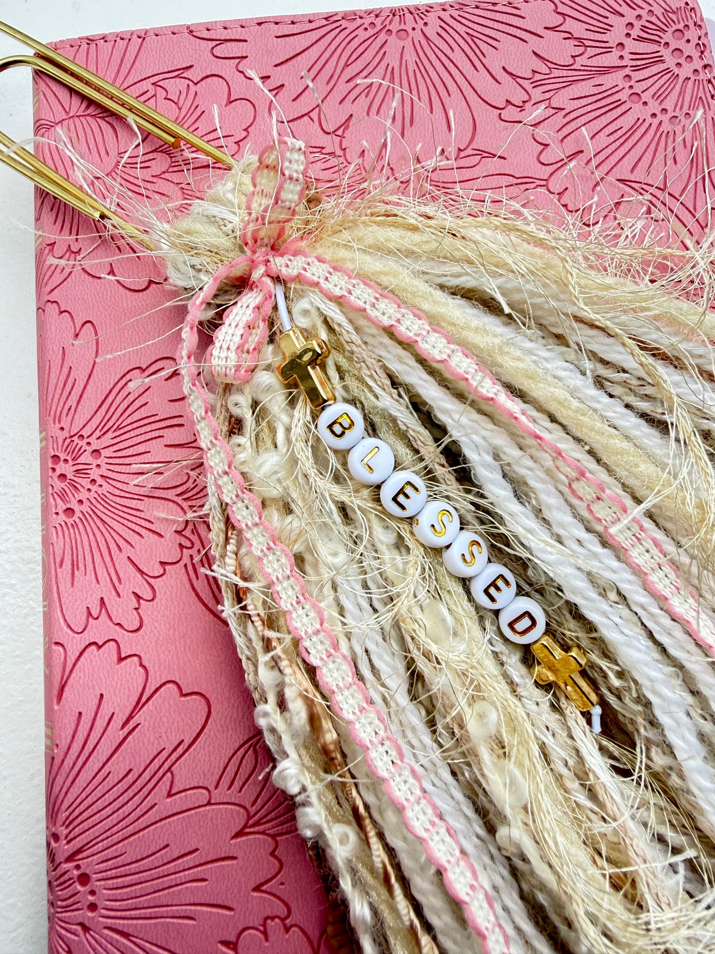 Bible Tassels "Blessed" & "Jesus" Bookmark Set | Handmade Faith Gold Beads | Soft Boho Christian Gift