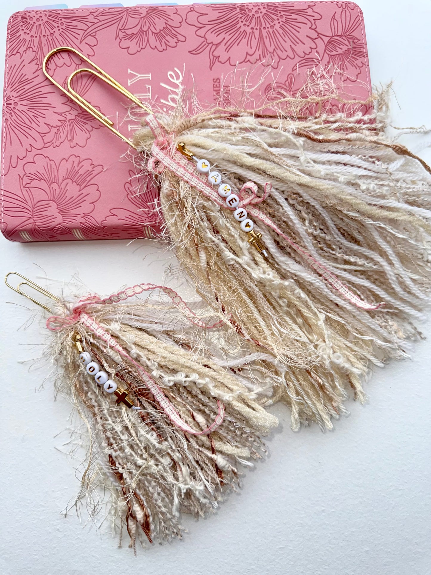 Bible Tassels "Amen” & "Holy" Bookmark Set | Handmade Faith Gold Beads | Soft Boho Christian Gift
