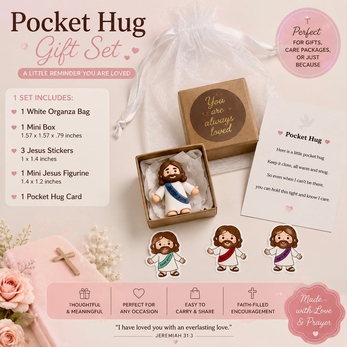 Mini Jesus Figurine Gift Set, Pocket Hug Encouragement, Christian Care Package (Organza Bag)