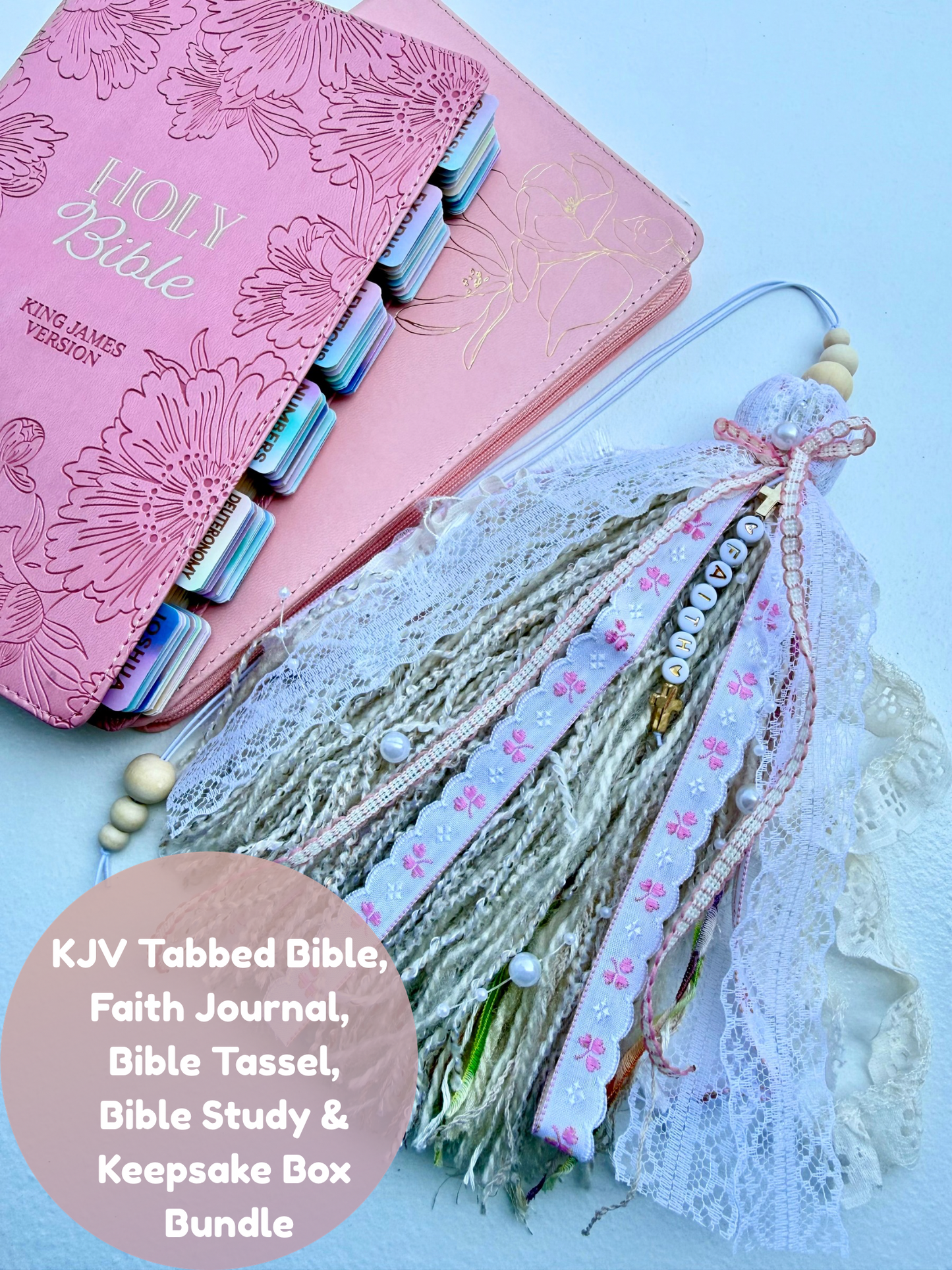 Pink KJV Tabbed Bible Bundle | Faith Journal, Handmade Tassel, Bible Study Kit
