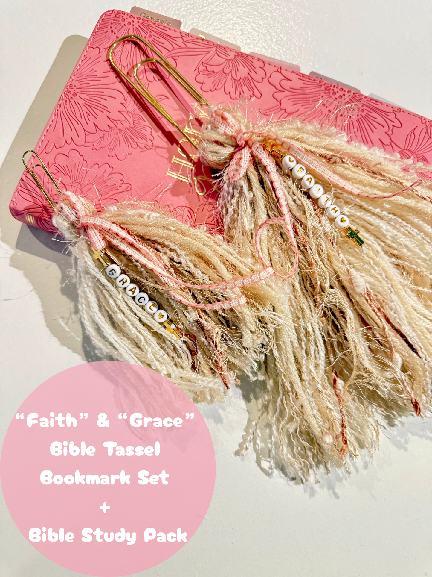 Bible Tassels “Faith” & “Grace” Bookmark Set | Handmade Gold Letter Beads | Soft Boho Christian Gift