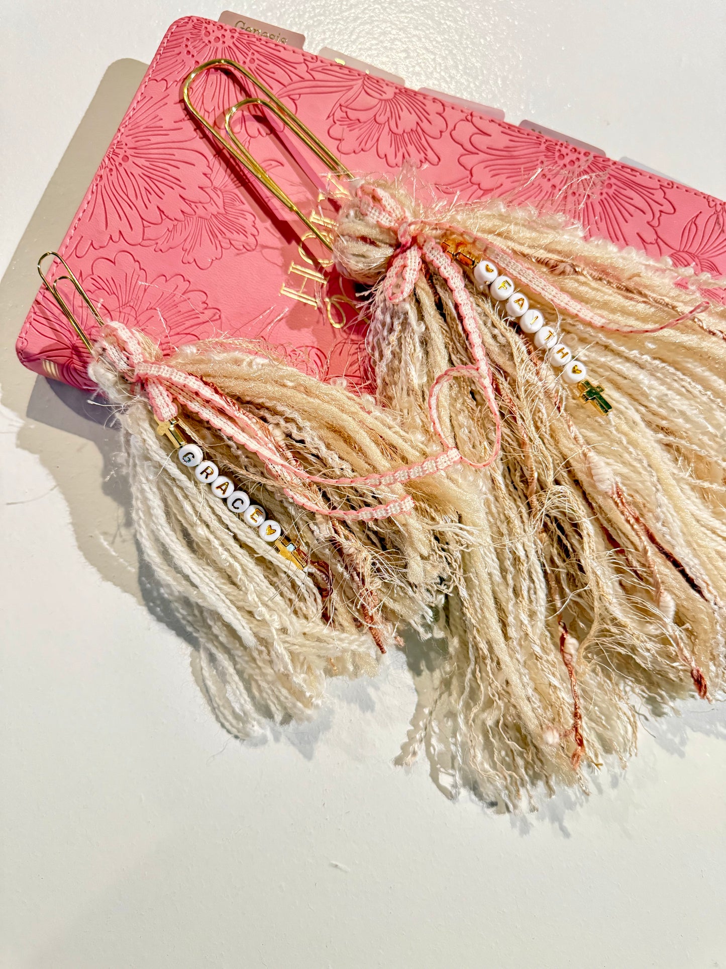 Bible Tassels “Faith” & “Grace” Bookmark Set | Handmade Gold Letter Beads | Soft Boho Christian Gift