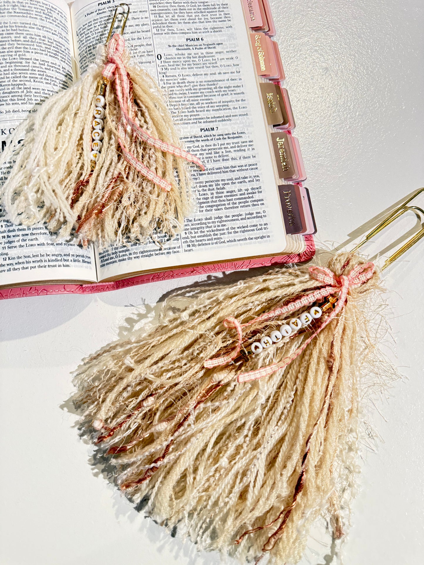 Bible Tassels “Faith” & “Grace” Bookmark Set | Handmade Gold Letter Beads | Soft Boho Christian Gift
