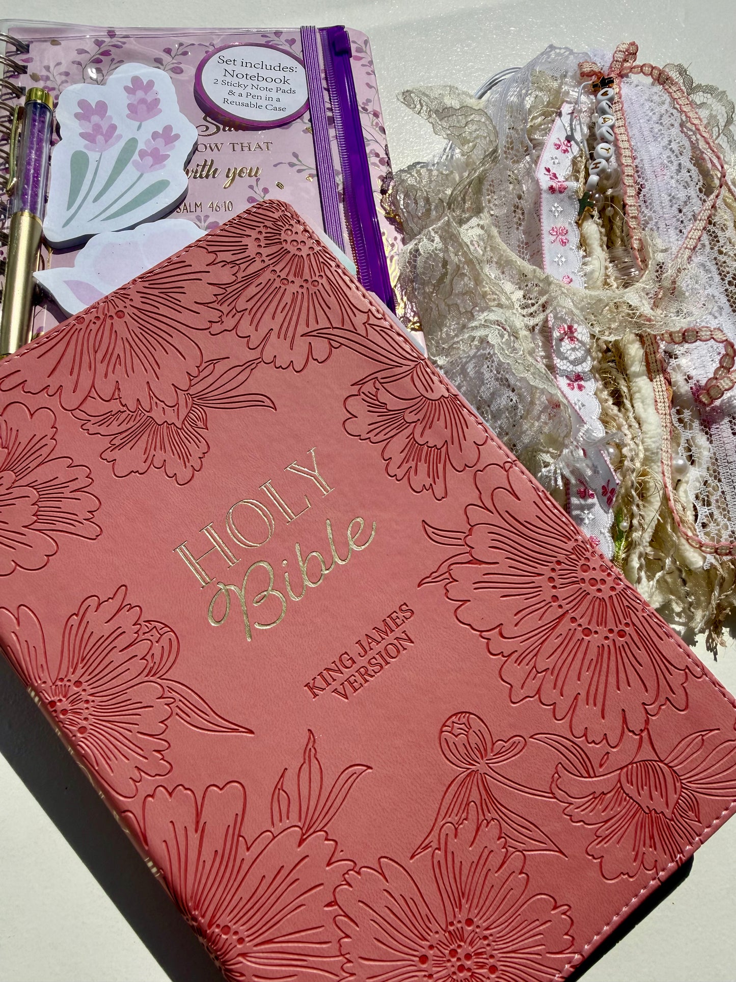 Pink KJV Tabbed Bible Study Kit | Faith Journal, Tassel Bookmark, Keepsake Box Bundle