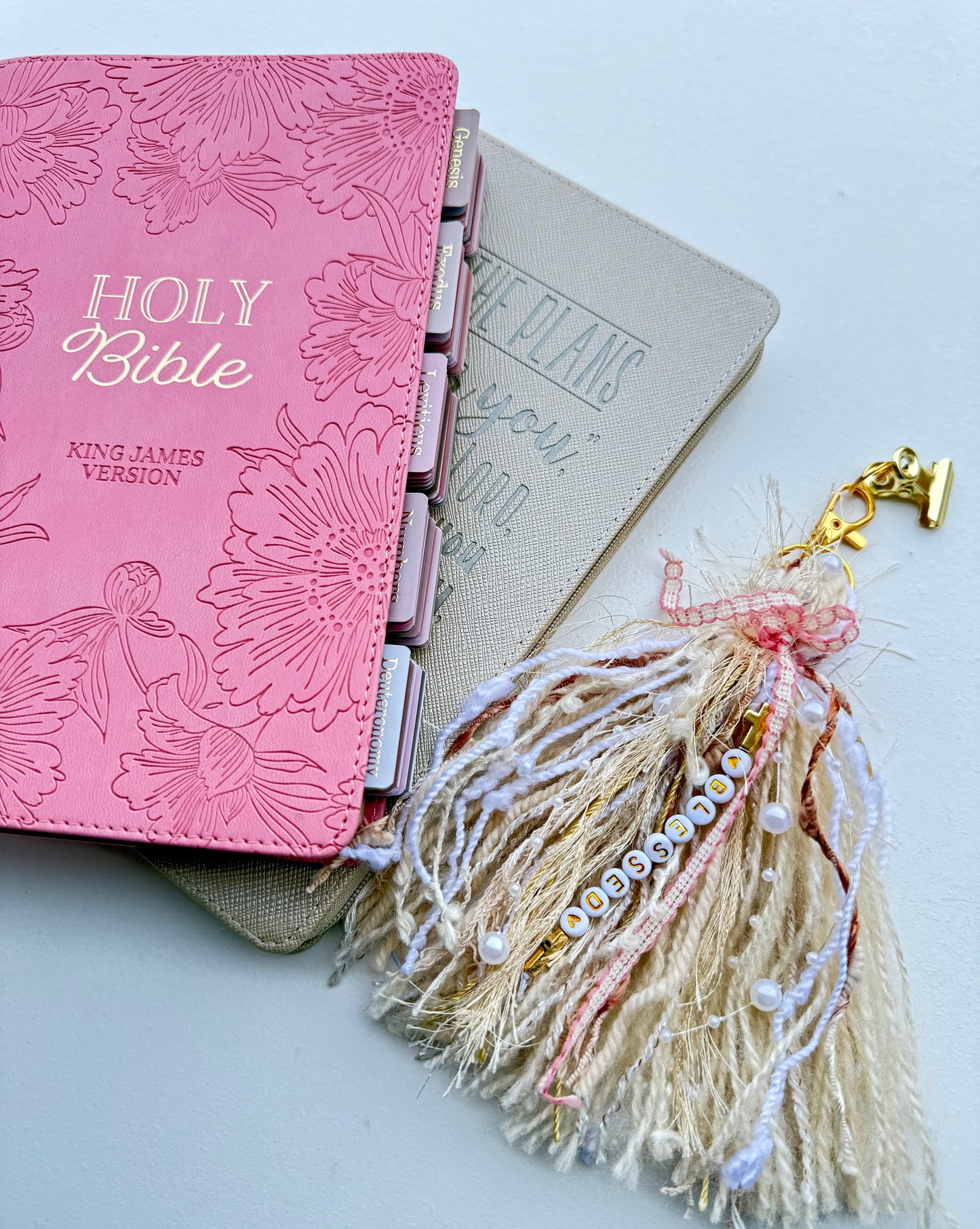 Pink KJV Tabbed Bible Study Bundle, Faith Journal, Tassel Keychain (Keepsake Box)