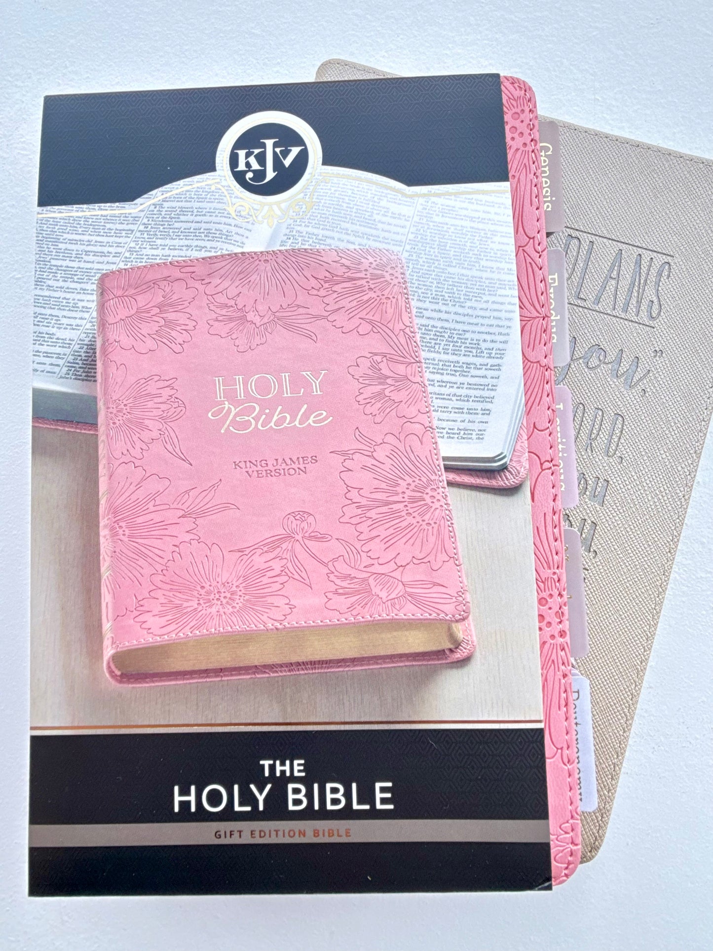 Pink KJV Tabbed Bible Study Bundle, Faith Journal, Tassel Keychain (Keepsake Box)