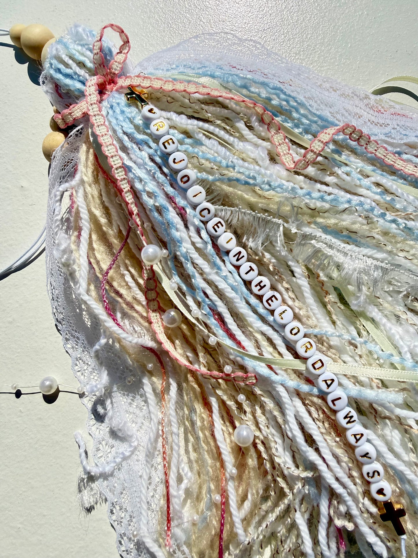 Jumbo Bible Tassel "Rejoice in the Lord Always" Handmade Christian Accessory, Pastel Lace & Pearls