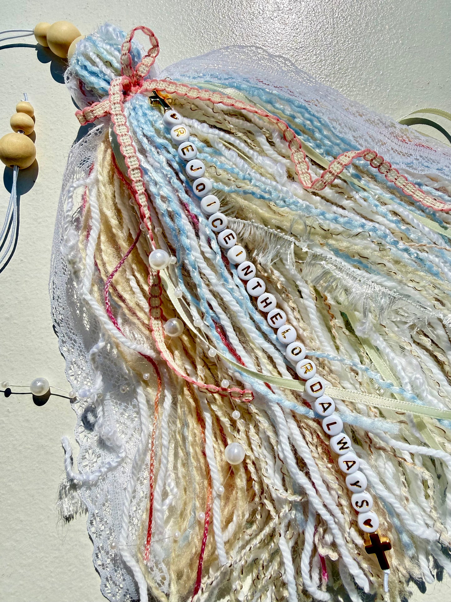 Jumbo Bible Tassel "Rejoice in the Lord Always" Handmade Christian Accessory, Pastel Lace & Pearls