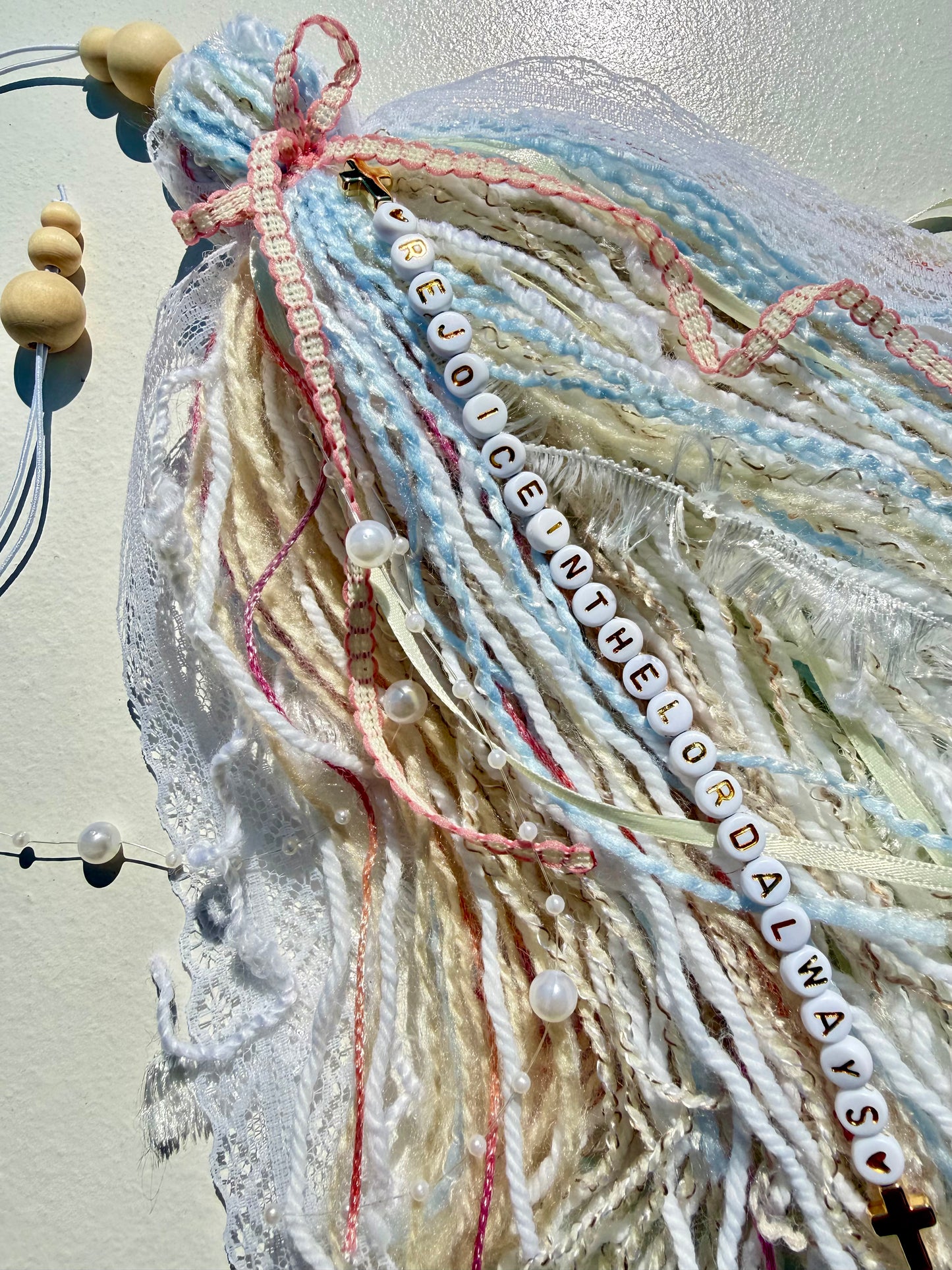 Jumbo Bible Tassel "Rejoice in the Lord Always" Handmade Christian Accessory, Pastel Lace & Pearls