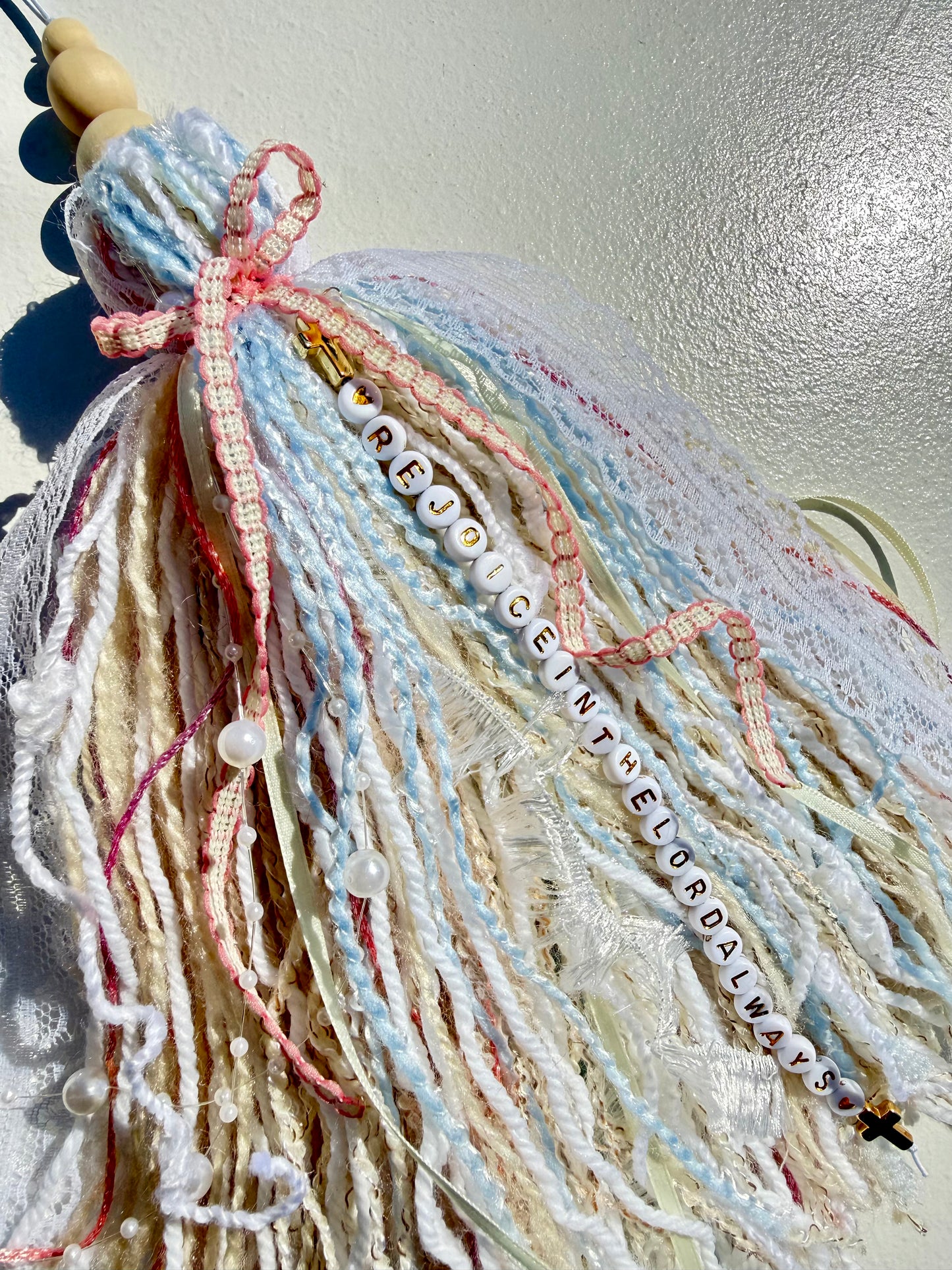 Jumbo Bible Tassel "Rejoice in the Lord Always" Handmade Christian Accessory, Pastel Lace & Pearls