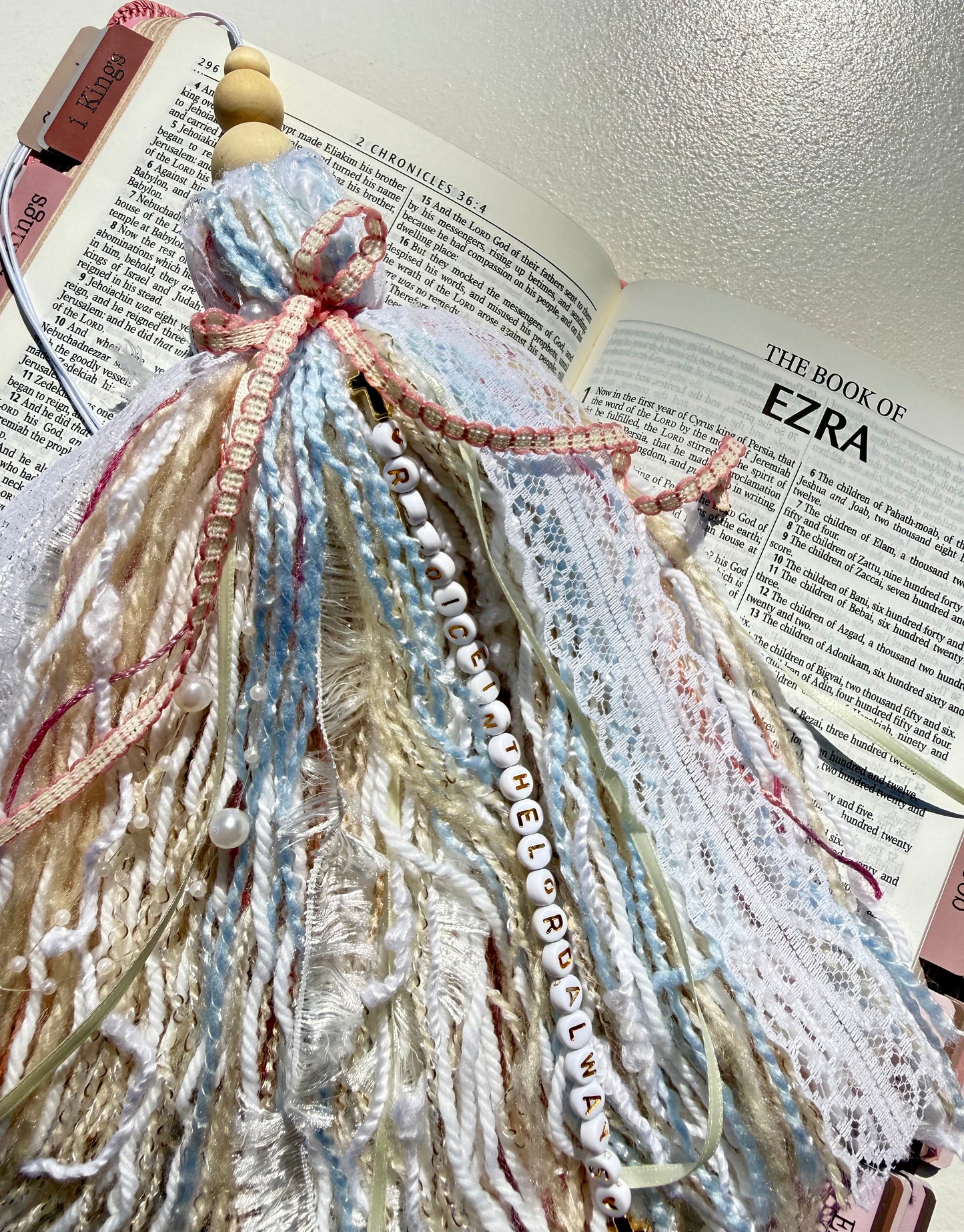 Jumbo Bible Tassel "Rejoice in the Lord Always" Handmade Christian Accessory, Pastel Lace & Pearls