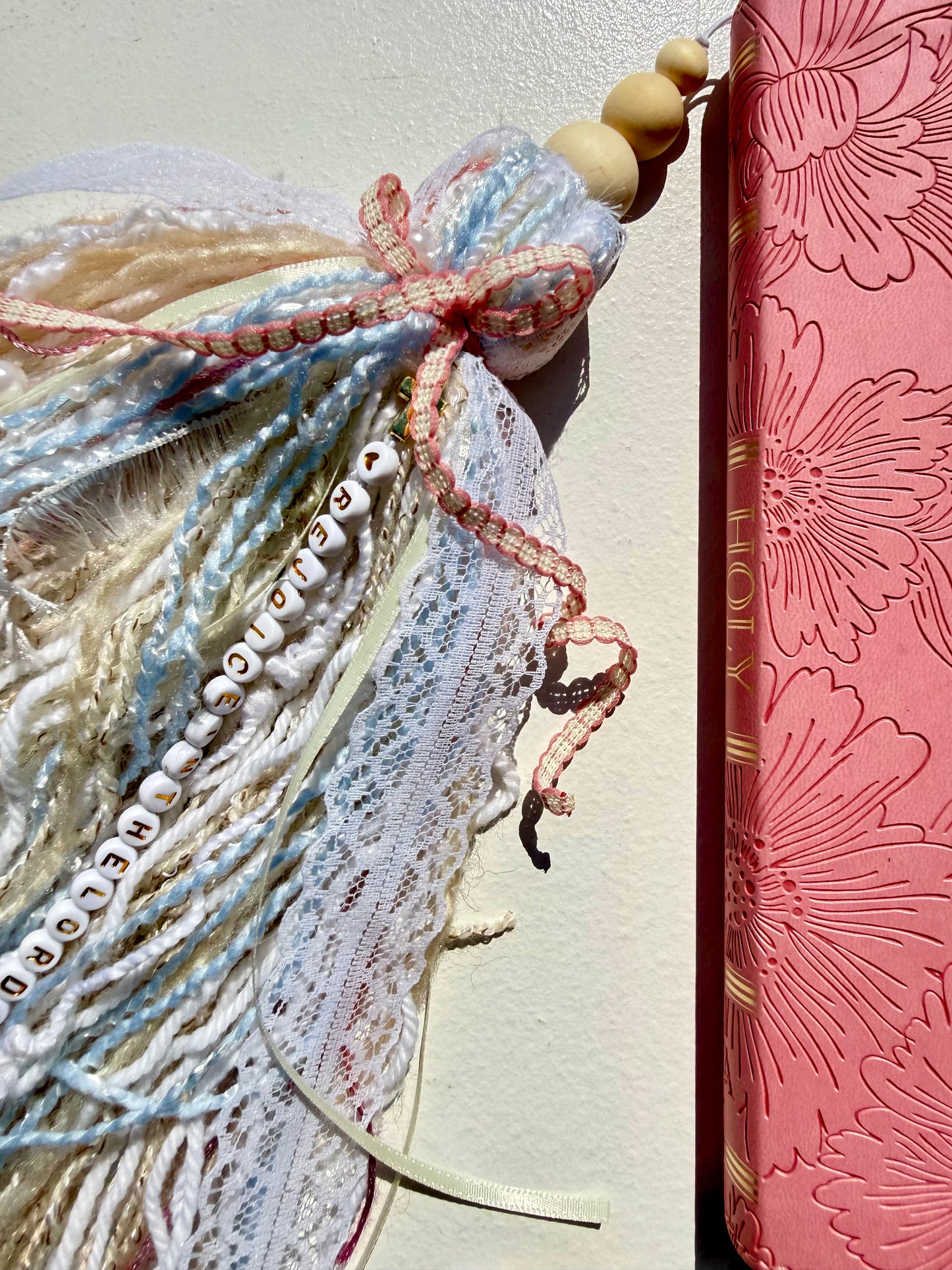 Jumbo Bible Tassel "Rejoice in the Lord Always" Handmade Christian Accessory, Pastel Lace & Pearls