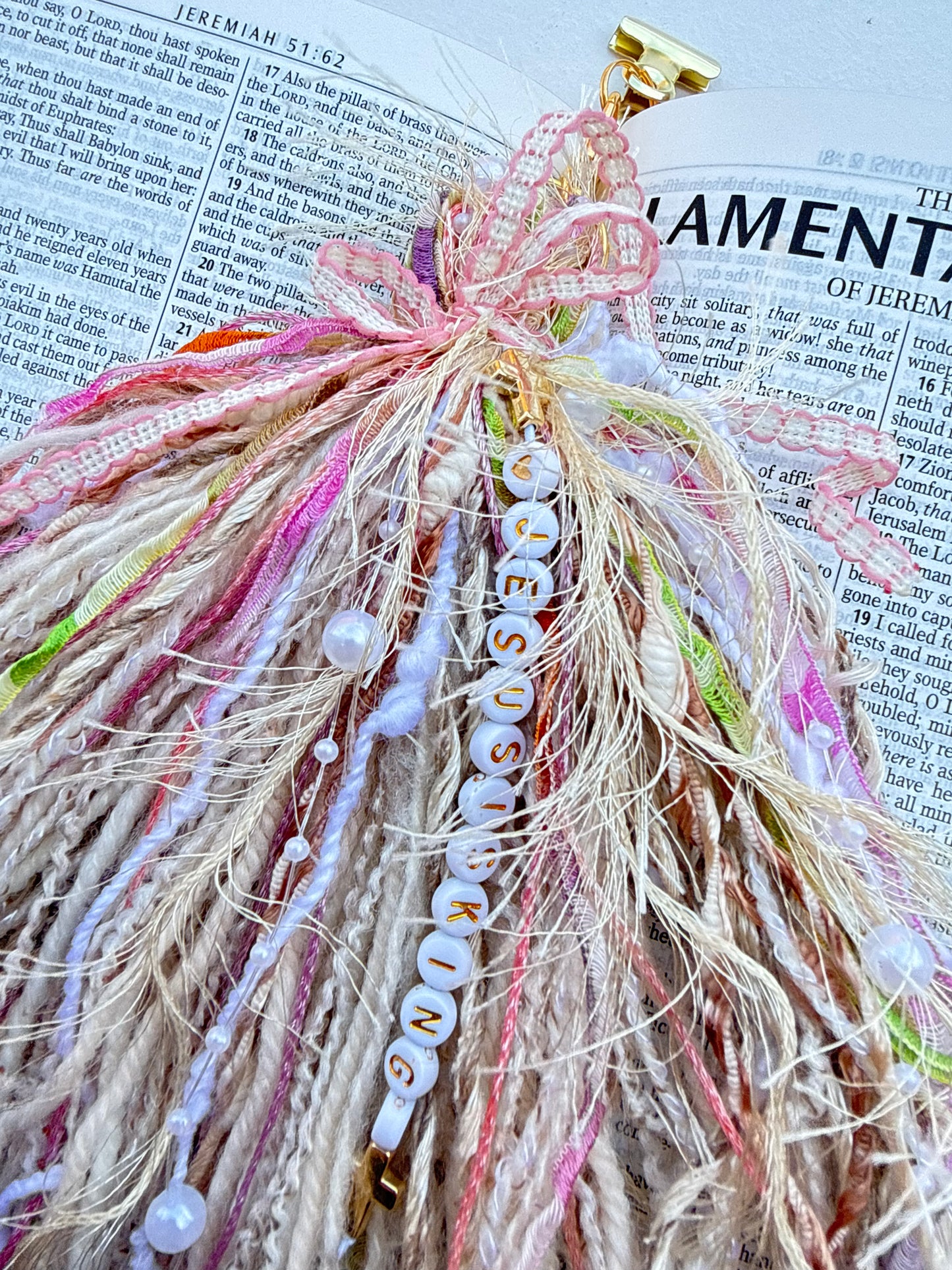 Bible Tassel Keychain with Baby Clip “Jesus is King” + Mini Bible Study Grab Bag