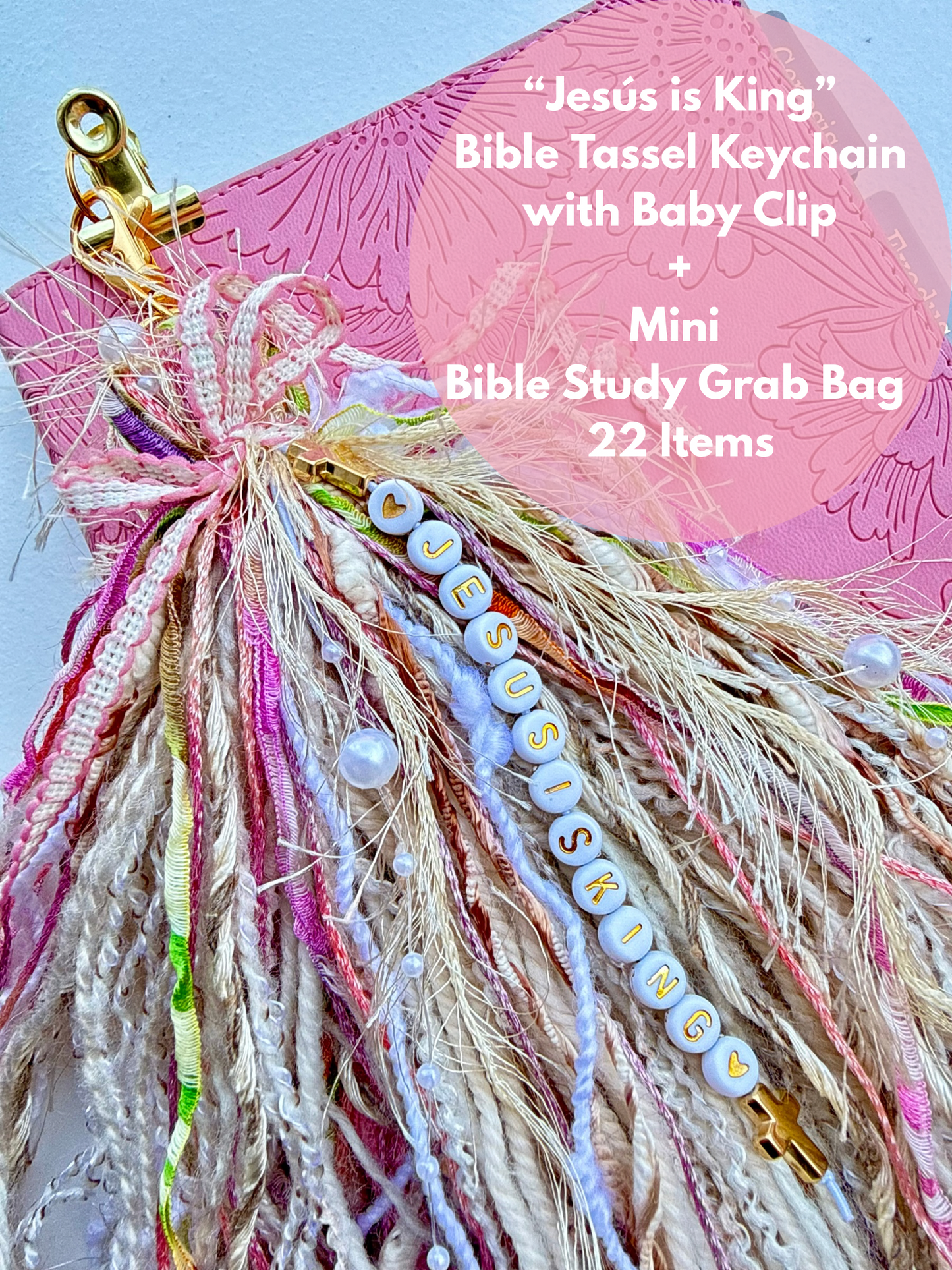 Bible Tassel Keychain with Baby Clip “Jesus is King” + Mini Bible Study Grab Bag