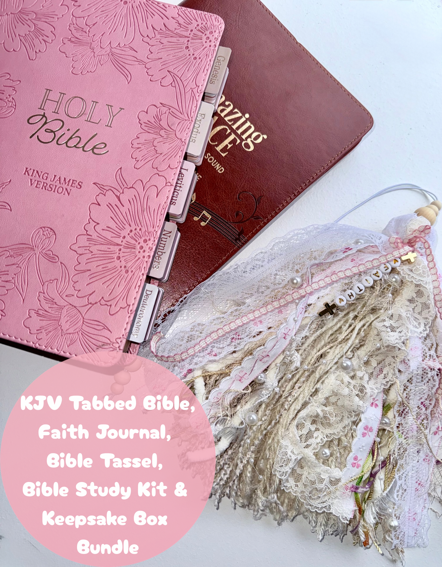 Pink KJV Tabbed Bible | Faith Journal | Bible Study Kit | Handmade Tassel & Keepsake Box Bundle