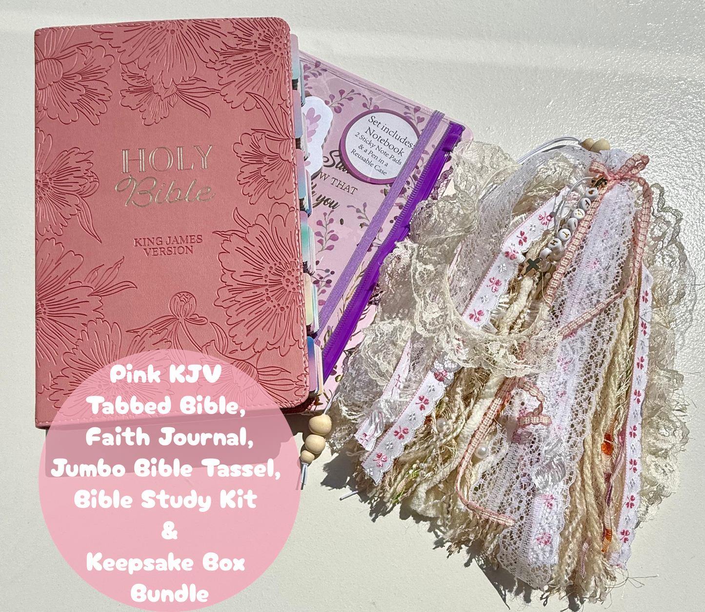 Pink KJV Tabbed Bible Study Kit | Faith Journal, Tassel Bookmark, Keepsake Box Bundle