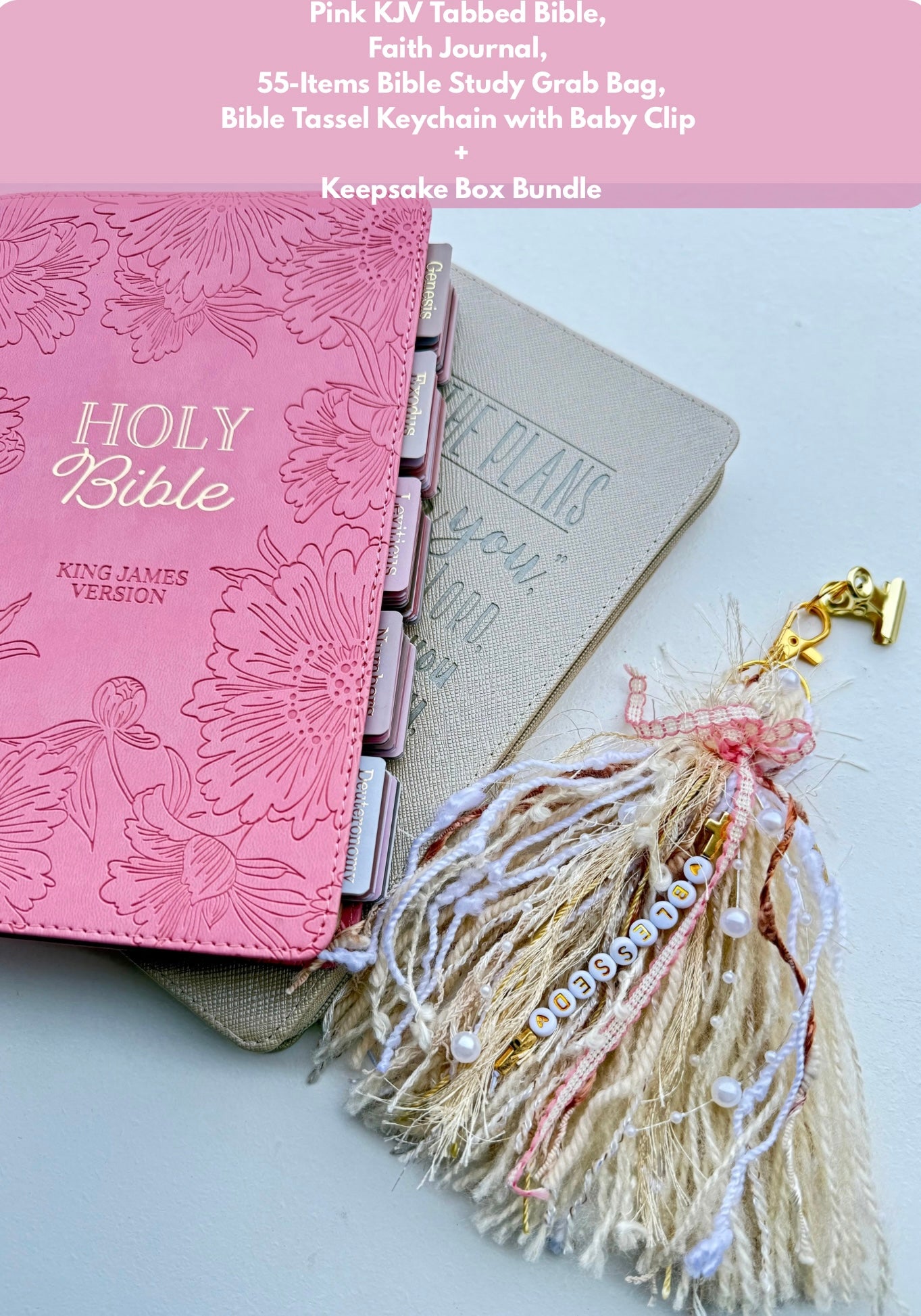 Pink KJV Tabbed Bible Study Bundle, Faith Journal, Tassel Keychain (Keepsake Box)