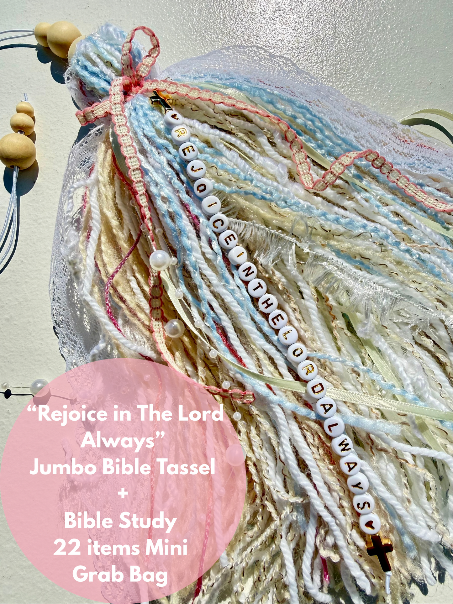 Jumbo Bible Tassel "Rejoice in the Lord Always" Handmade Christian Accessory, Pastel Lace & Pearls